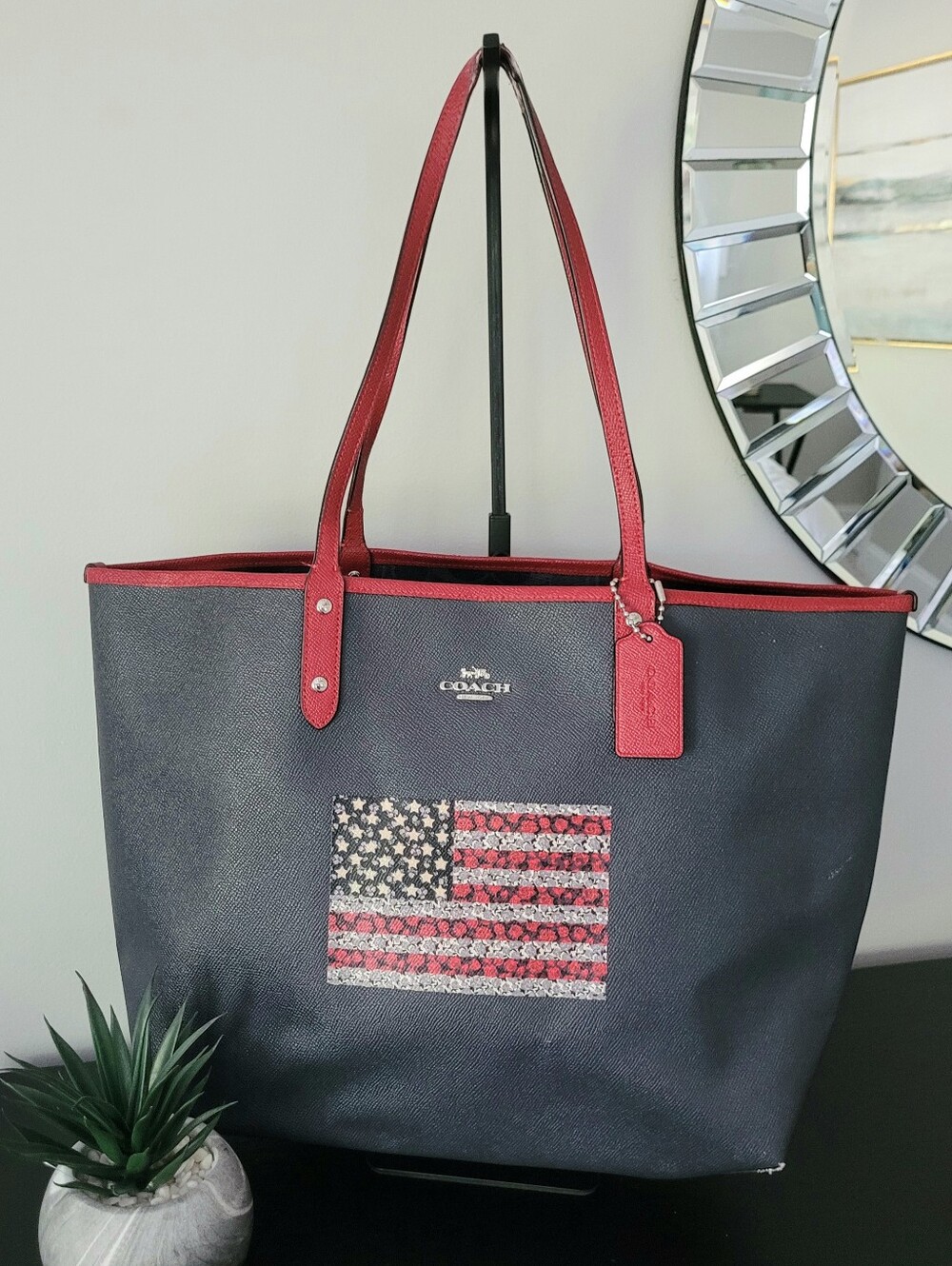Coach Reversible Navy Tote With Flag Print